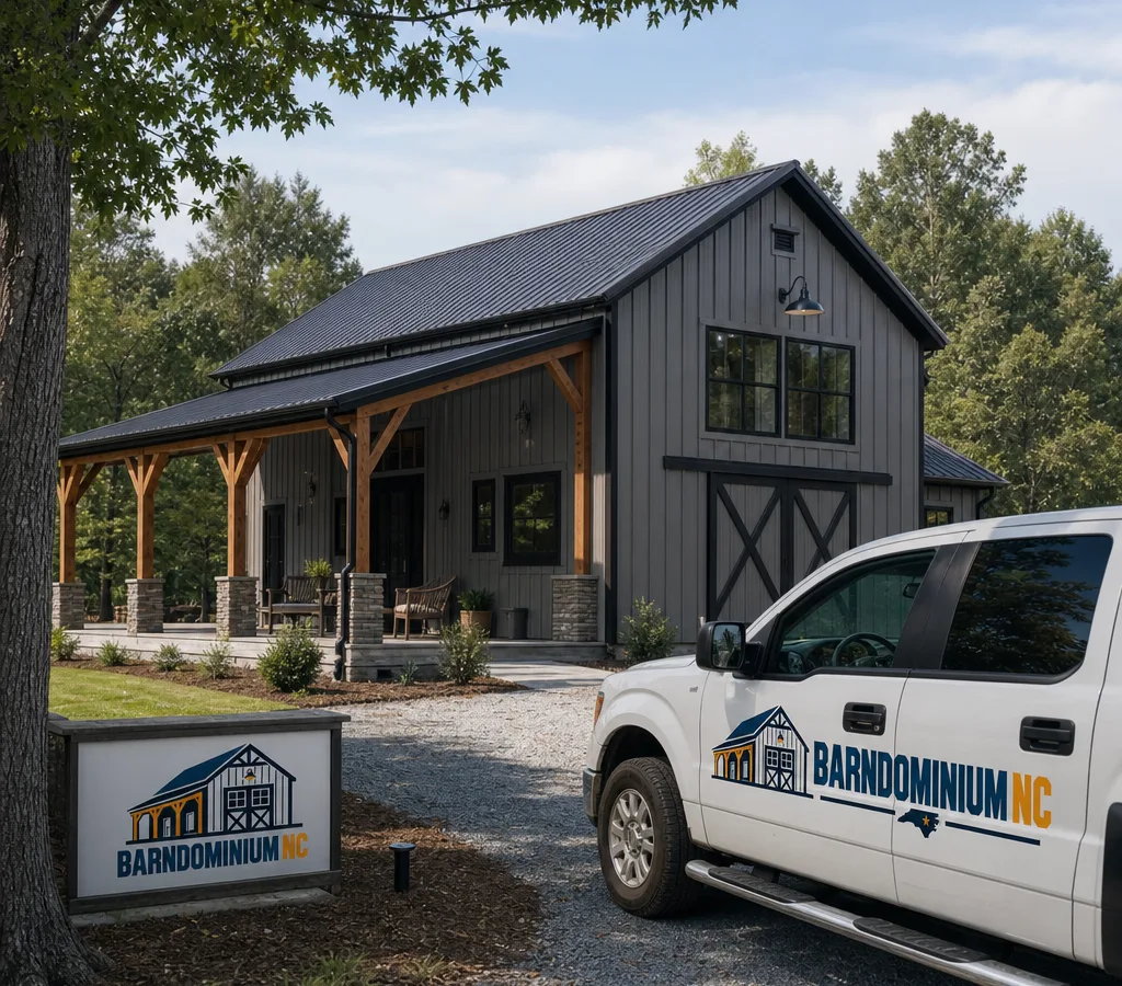 Finished barndominium-style home with a driveway and treeline in rural North Carolina