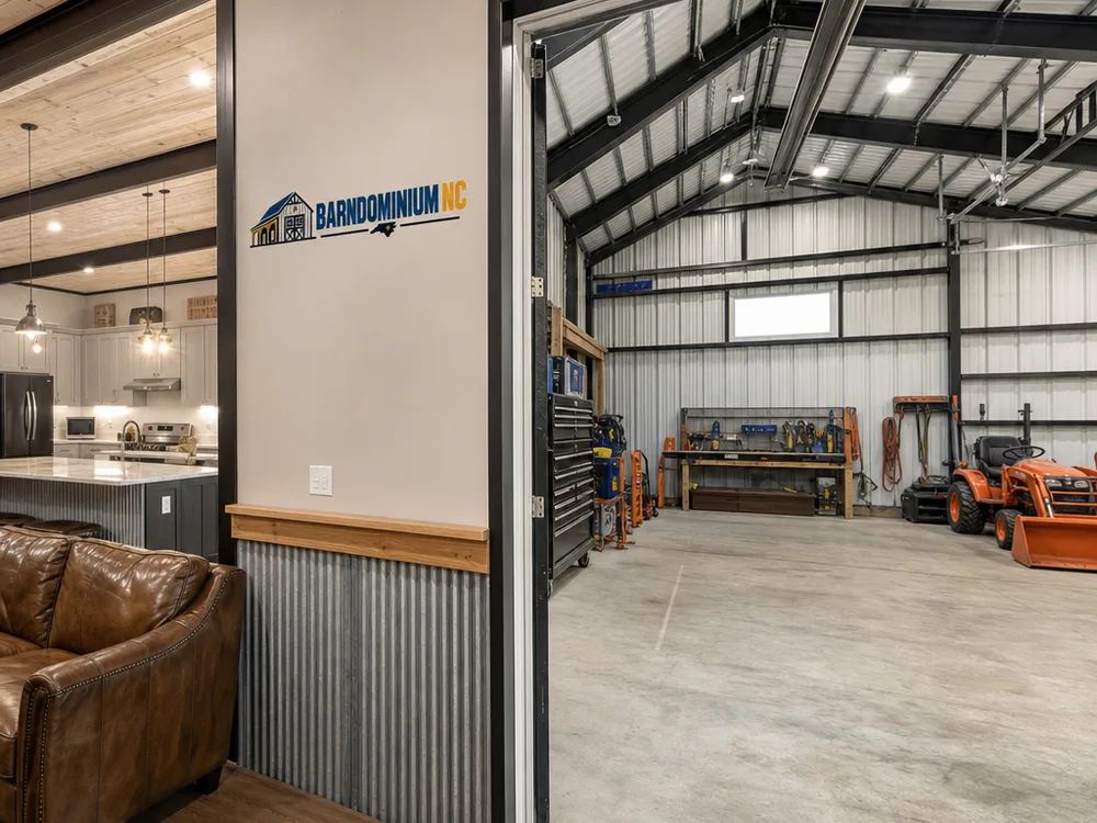 Finished barndominium living area transitioning into an attached shop and garage bay