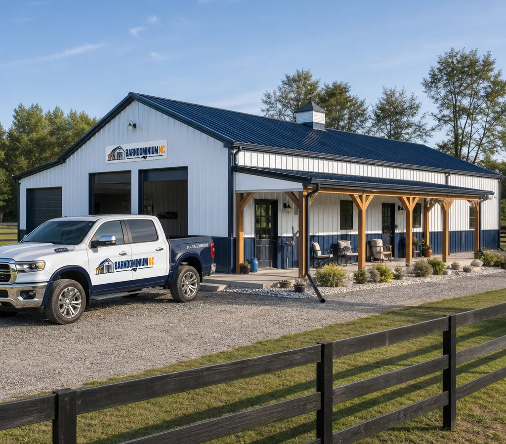 Newly built barndominium with metal roofing, covered porch, and combined living and shop space in rural North Carolina
