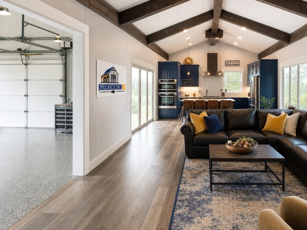 Barndominium great room with vaulted ceiling, beams, energy-efficient windows, and durable flooring near a shop area