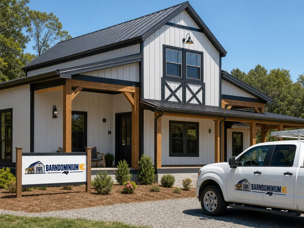 Finished barndominium exterior with aligned metal panels, detailed trim, gutters, and a covered porch for North Carolina weather