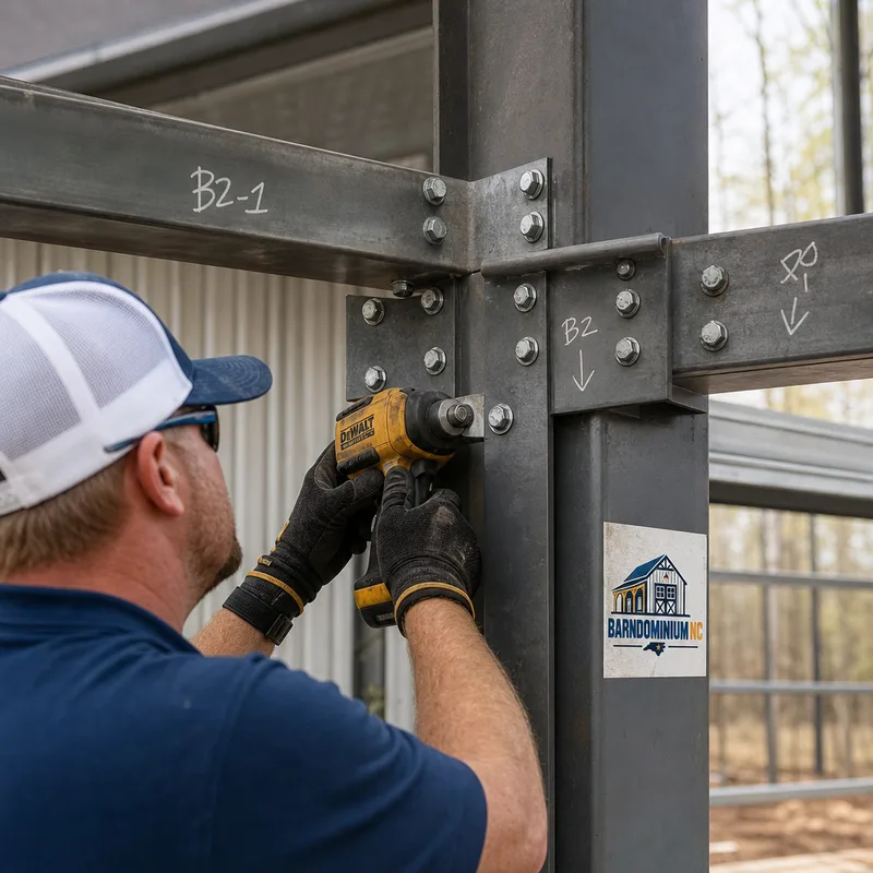 Steel framing connection with bolts, plates, aligned hardware, and labeled members