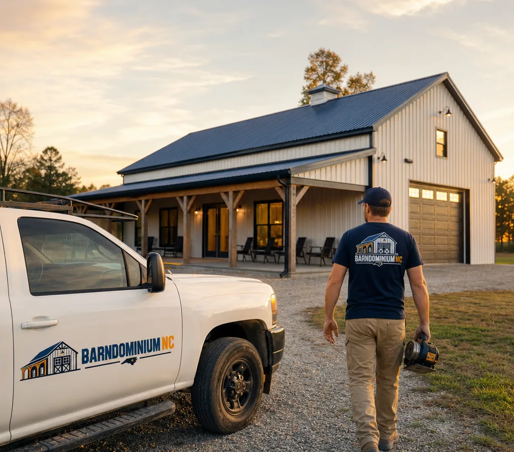 Finished steel-frame barndominium-style home in a rural North Carolina setting with a wide porch and large overhead door