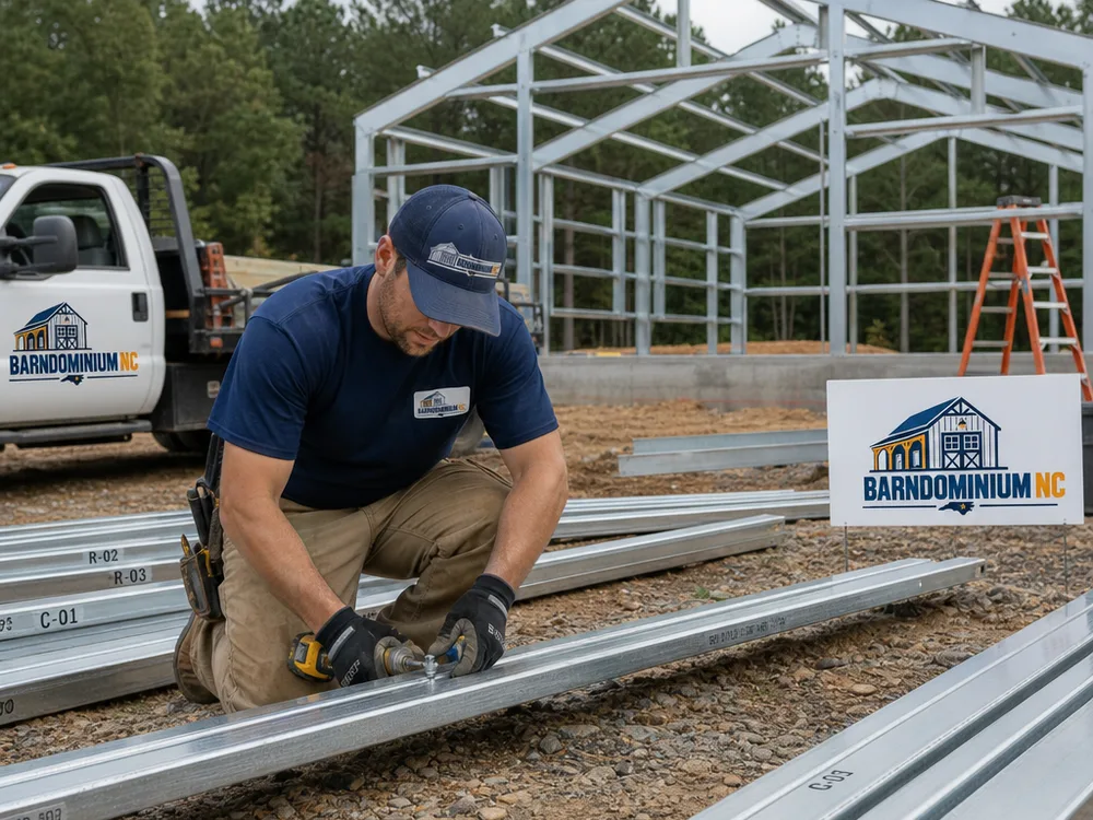 Steel building kit mid-assembly with labeled framing members laid out beside a partially erected frame