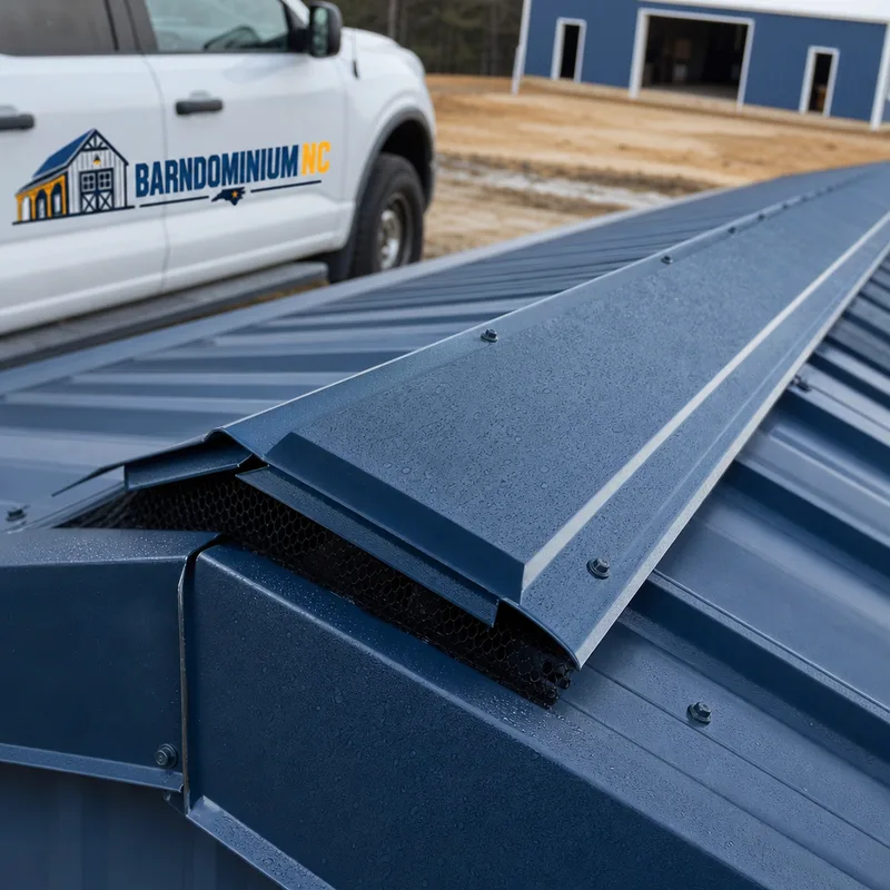 Metal barn roof ridge showing vent detail, aligned trim, panels, and fasteners