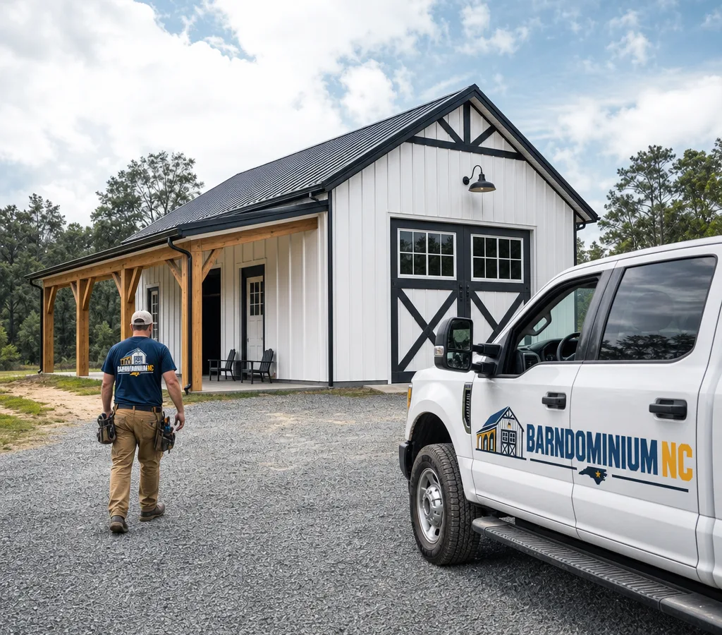 Newly built post-frame barn on a rural North Carolina property with clean metal roofing and a level gravel drive