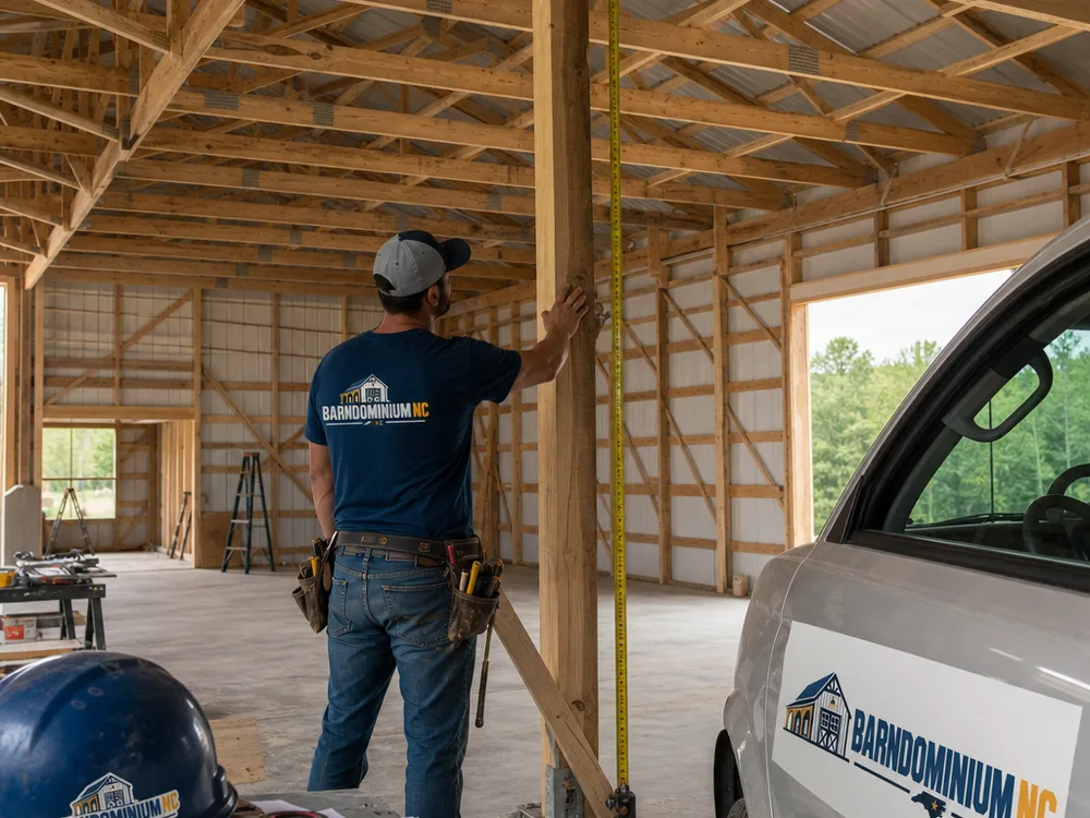 Post-frame barn interior under construction with columns, trusses, purlins, bracing, and framed openings