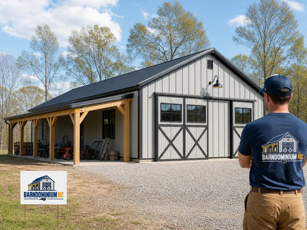 Completed barn with large sliding doors and a covered side lean-to