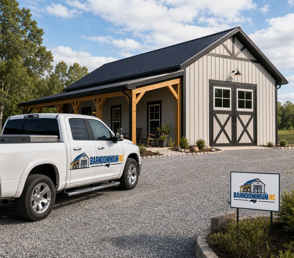 Finished move-in ready barndominium with a gravel drive and simple landscaping in rural North Carolina