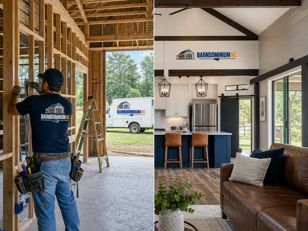 Barndominium shell at rough-in stage compared with a finished living space with flooring, trim, and cabinetry
