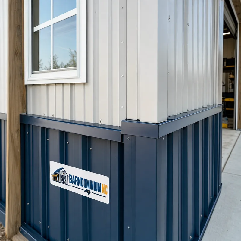 Metal siding and corner trim with wainscot, straight fastener lines, and clean transitions around a pole barn opening