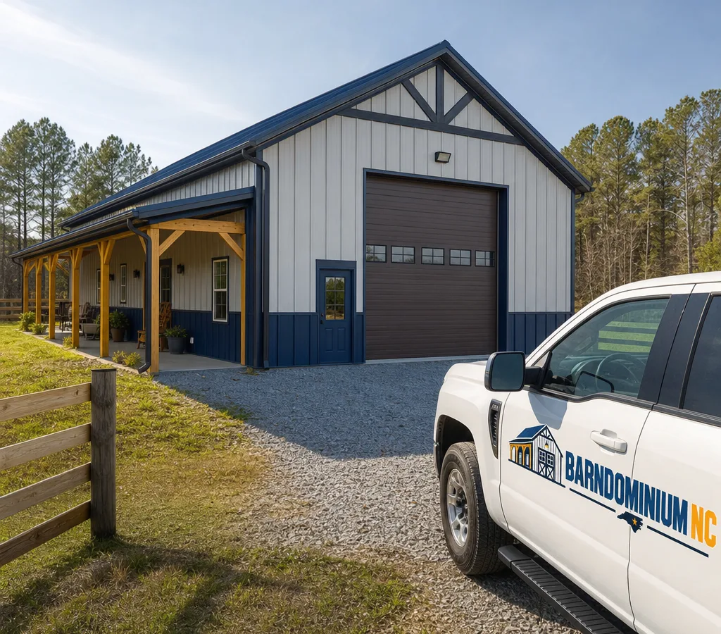 Finished post-frame pole barn and barndominium exterior on a rural North Carolina lot with wainscot, a wide overhead door, gravel drive, and tree line