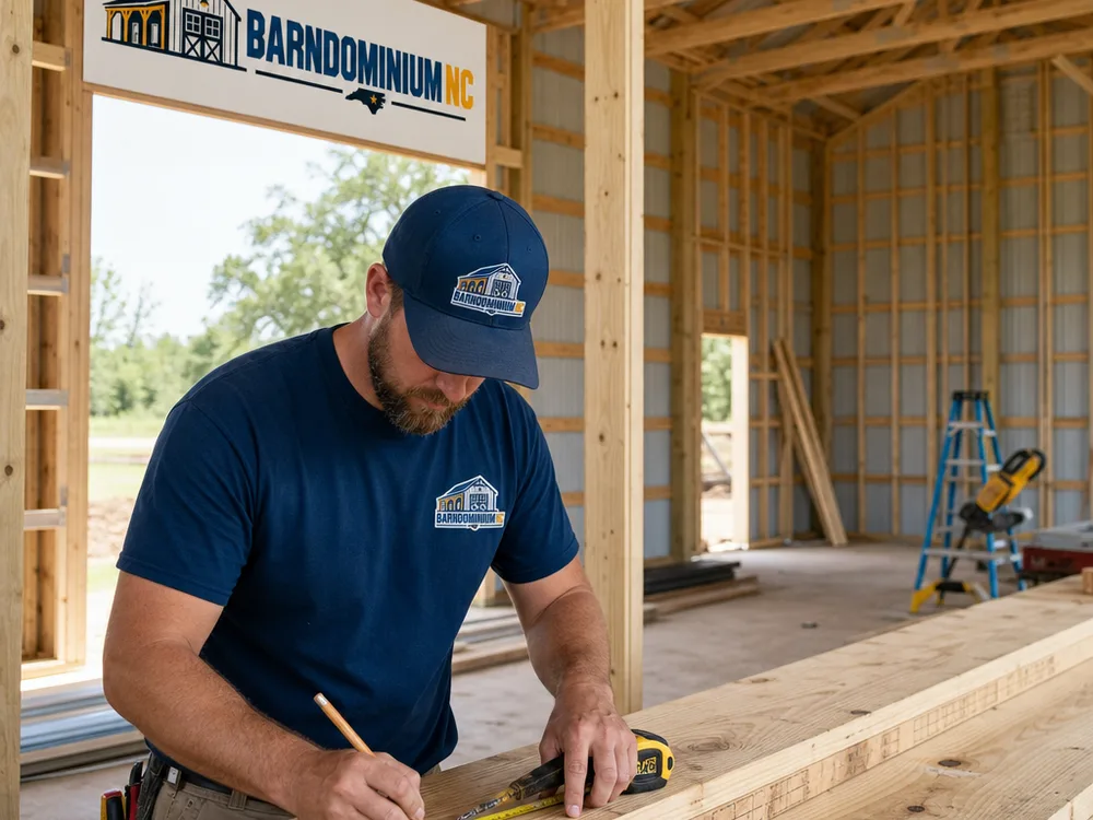 Post-frame structure under construction showing laminated posts, roof trusses, purlins, and a clear-span bay marked for overhead doors and partition walls