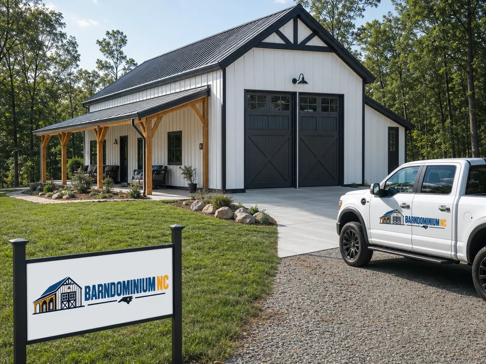 Completed post-frame building with two overhead doors, a covered porch, and visible driveway grading