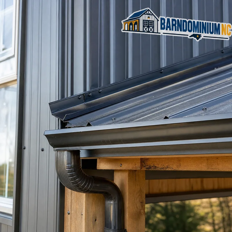 Properly flashed porch-to-wall transition with gutter and downspout routing on a barndominium exterior