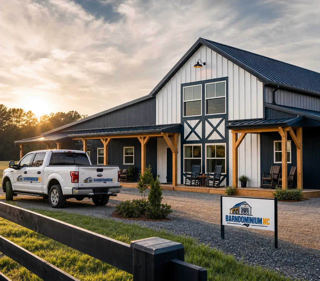Modern barndominium-style home with a metal roof and wide porch in rural North Carolina