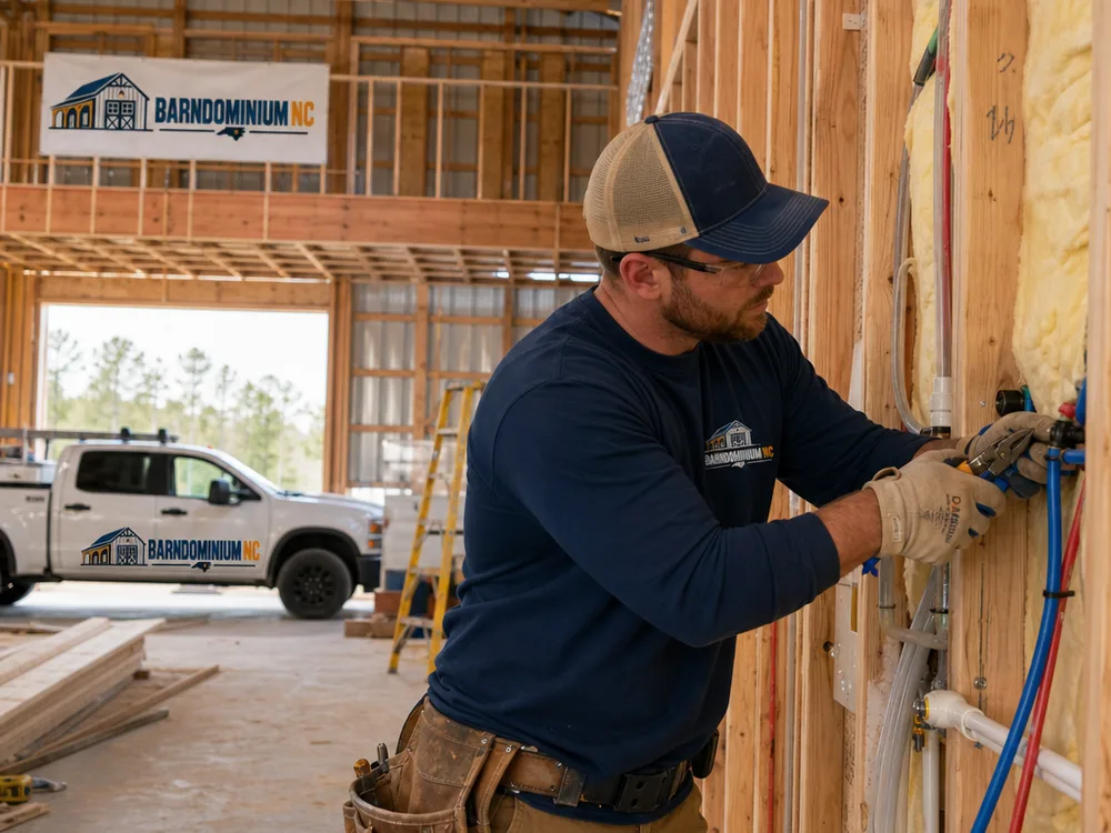 Barndominium interior under construction with open-span framing, rough-in mechanicals, and partially installed insulation