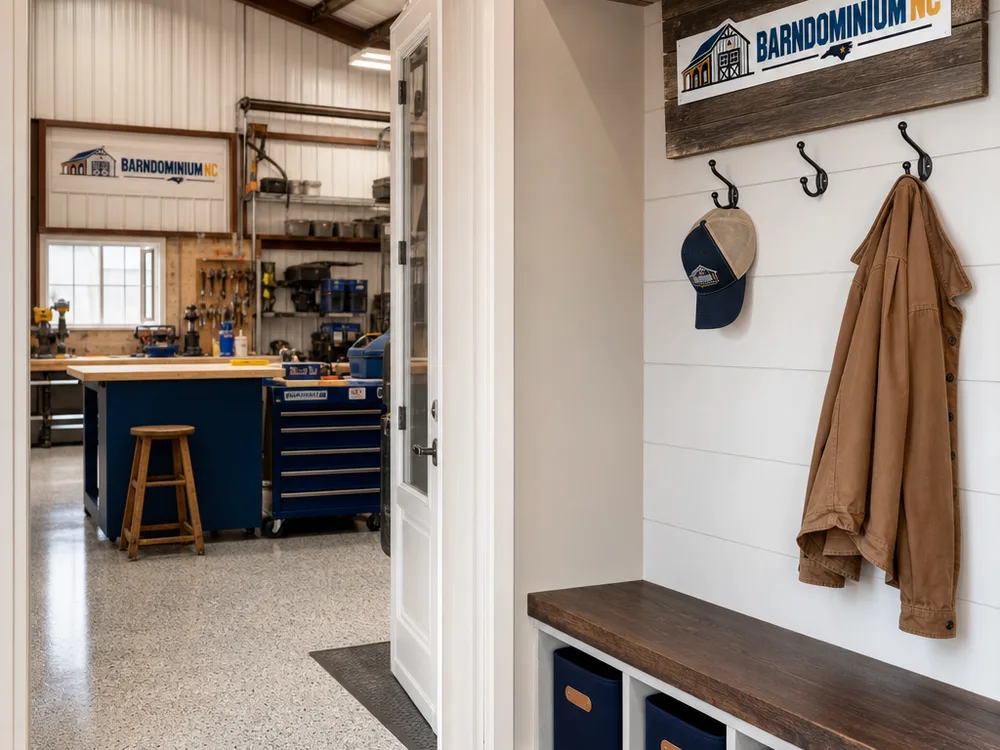 Separated barndominium workshop bay and finished mudroom entry showing functional zoning between shop and living space