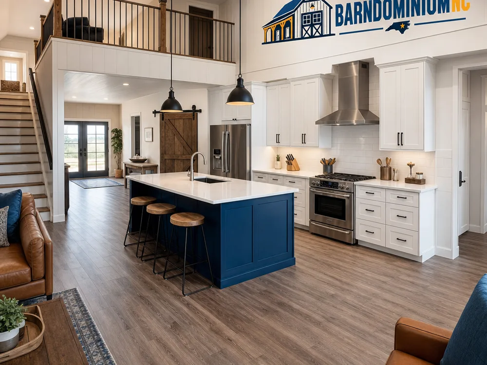 Finished barndominium kitchen and living area with durable flooring, efficient kitchen flow, and a tall open ceiling