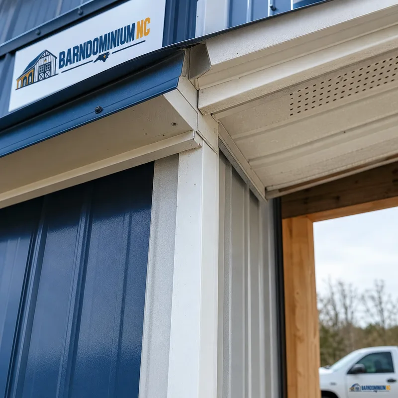 Barndominium flashing, soffit, trim, and siding alignment detail