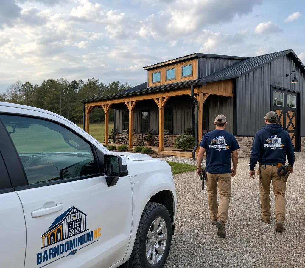 Newly built barndominium with metal siding and a covered porch in rural North Carolina
