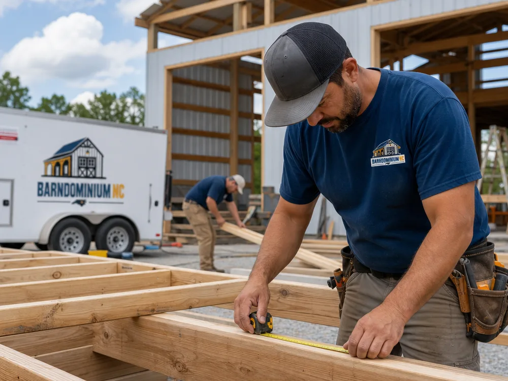 Crew measuring structural framing during a North Carolina barndominium build