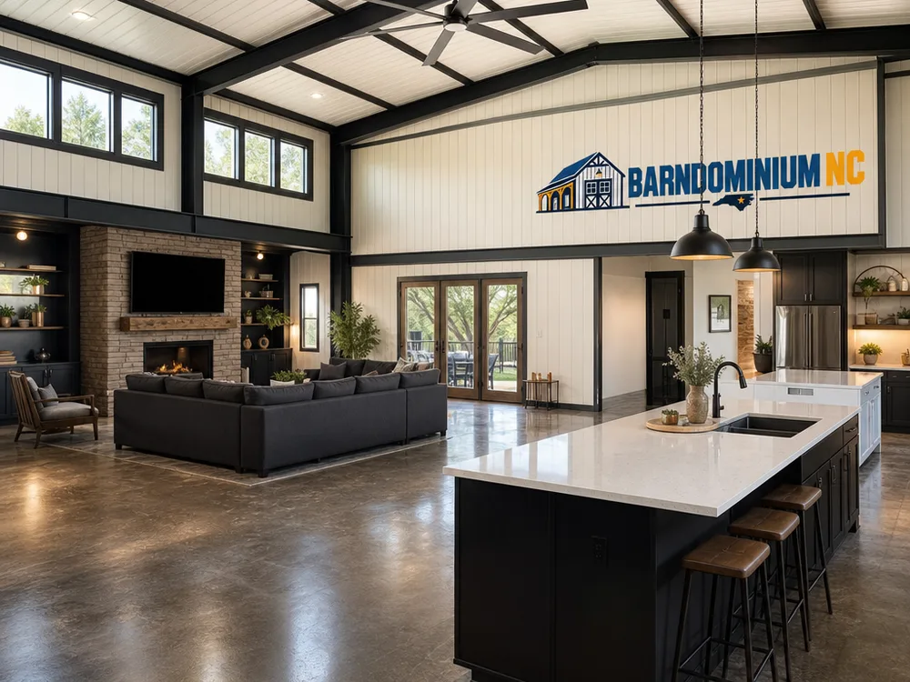 Completed barndominium great room with an open layout and high ceiling