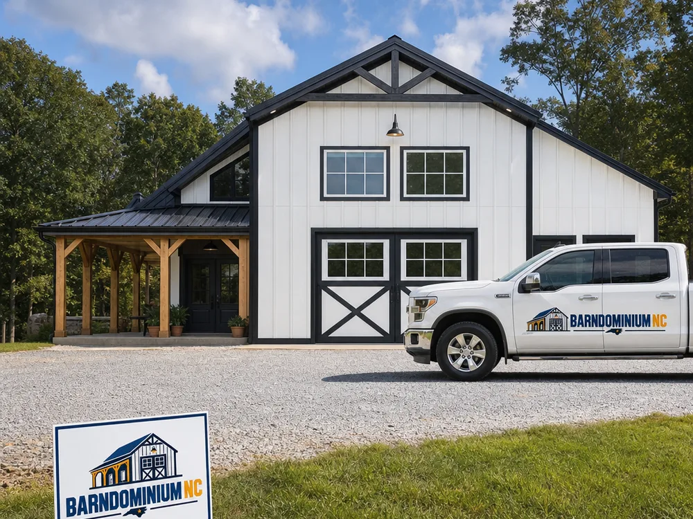 Finished barndominium exterior with metal roof, porch posts, and clean trim details