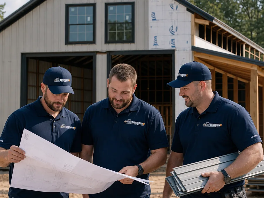 Barndominium NC team reviewing plans and materials at a North Carolina jobsite